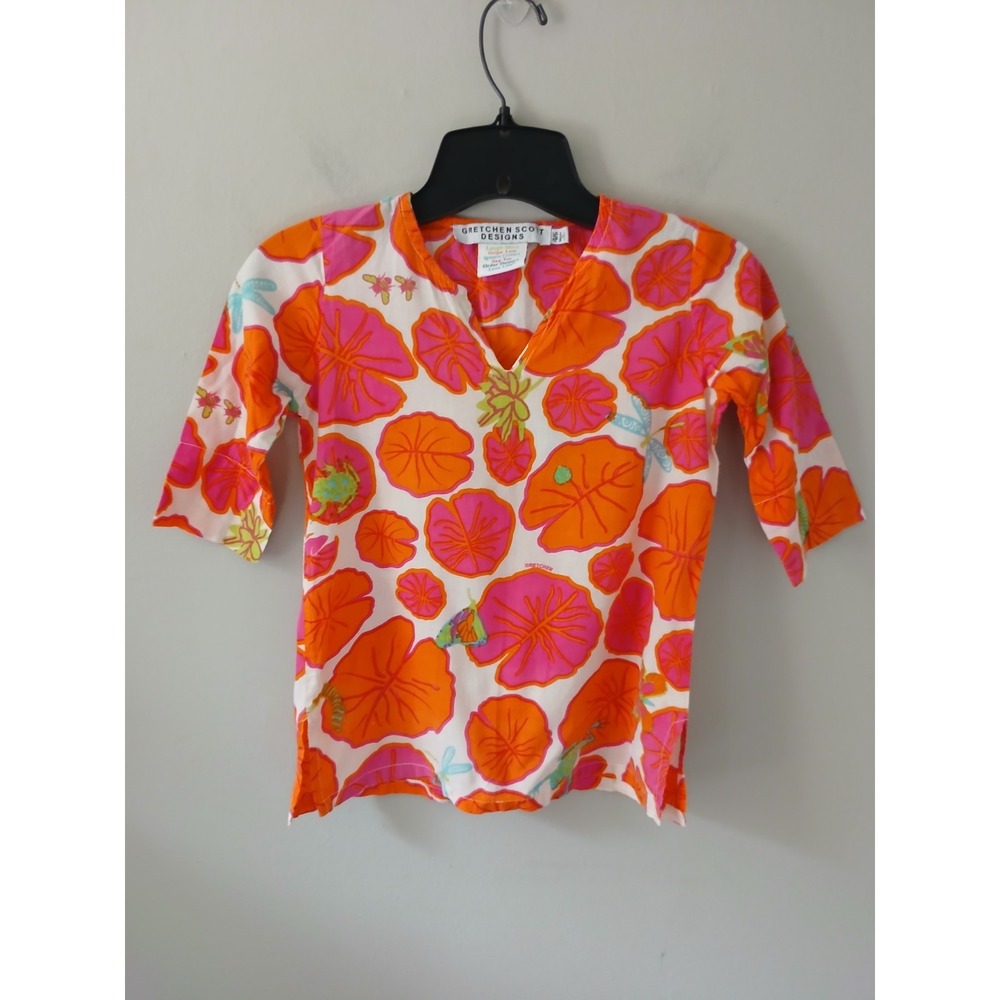 Gretchen Scott Girls Size 4/6 Blouse 3/4 Sleeve Floral Nature Animal 100% Cotton